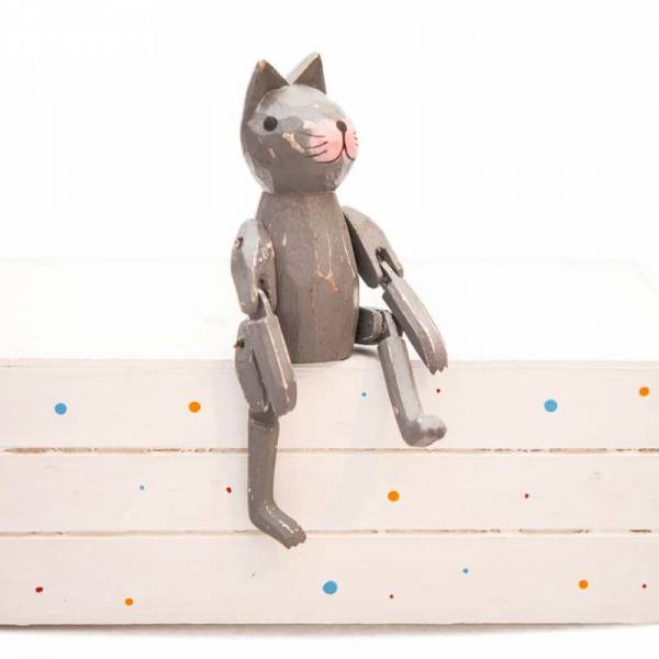 Holzfigur Kantenhocker Katze Dekokatze grau 16 cm