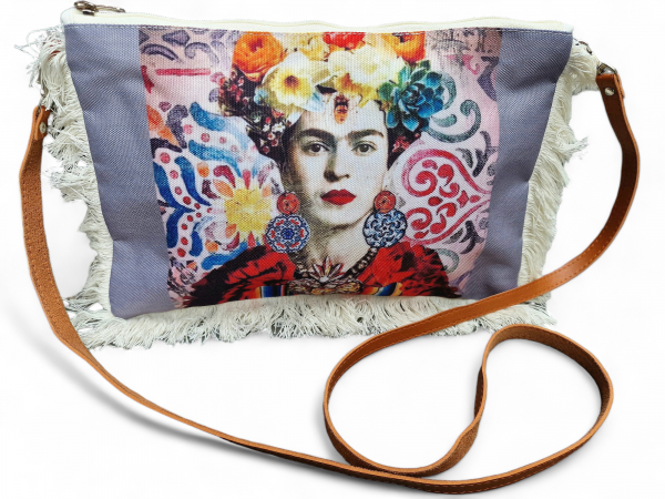 Umhängetasche crossover Frida Kahlo im Jeanslook hellgrau
